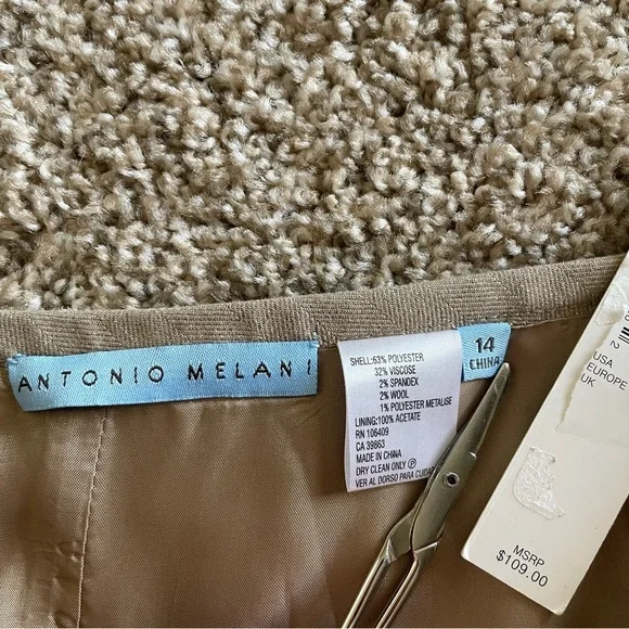 Antonio Melani Pencil Skirt Women’s 14 Beige Shimmer Ruffle Side Zipper Flounce - Picture 2 of 10